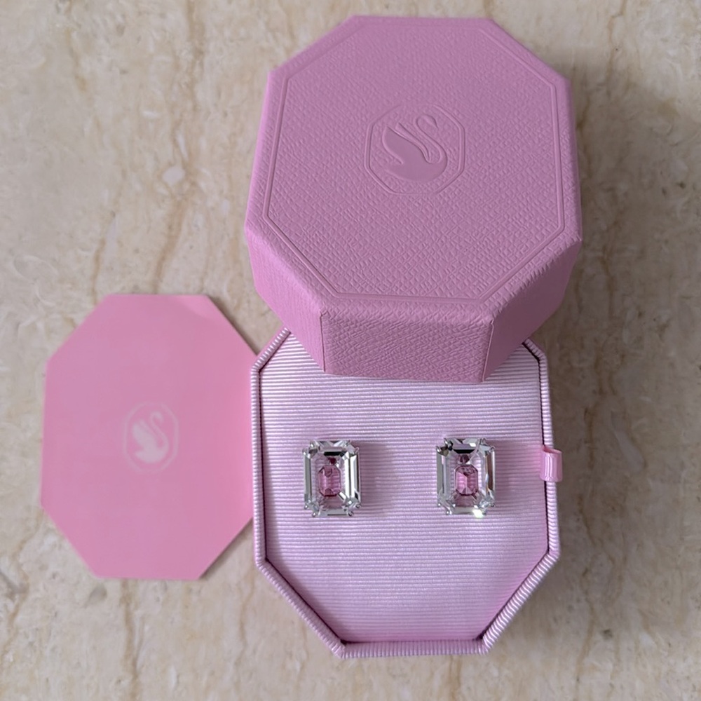 New authentic Swarovski Chroma stud earrings, Octagon cut, Pink, Rhodium plated